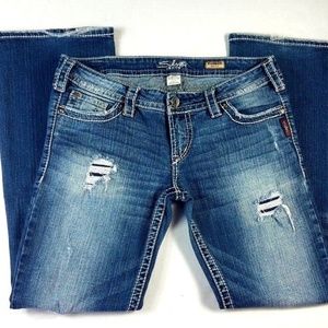 EUC Silver Pioneer Distressed Boot Cut Jeans 31/30